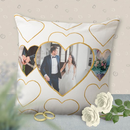 Multi-Foto Hochzeit Liebe Golden Hearts Geschenk Kissen
