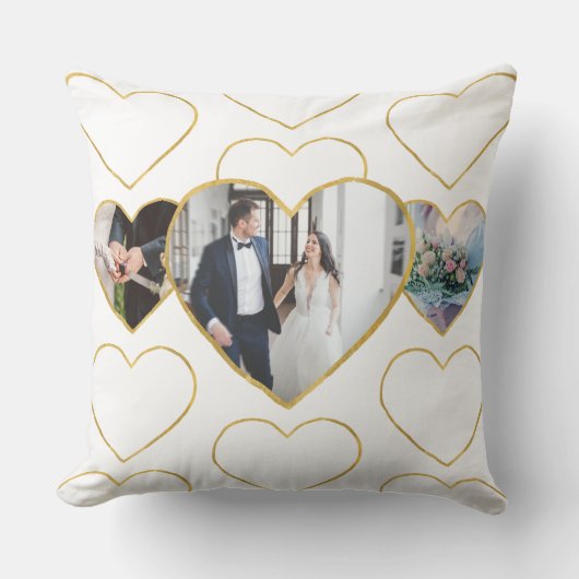 Multi-Foto Hochzeit Liebe Golden Hearts Geschenk Kissen (Vorderseite)