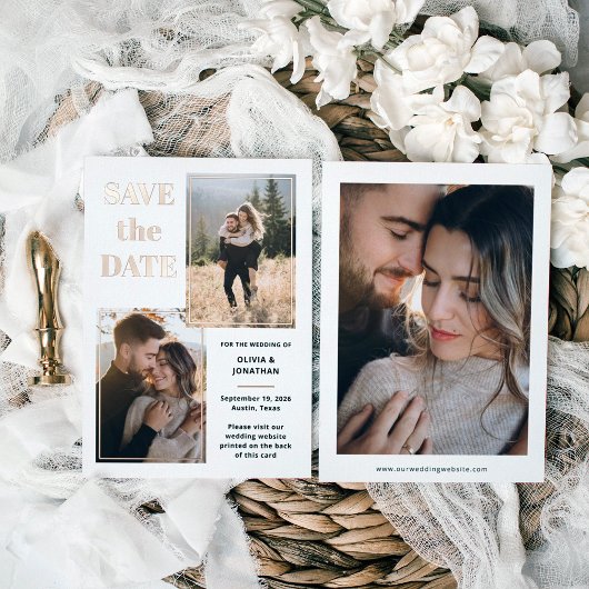Multi-Foto | Weißes Gold und Rose Save the Date Folieneinladung
