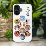 Multi-Fotomaterial Einfach Personalisiert iPhone 16 Hülle<br><div class="desc">Multi Foto Collage Simple Modern Personalisiert Name Hexagon Muster Smartphone iPhone 16 Case Cover bietet eine Collage aus Foto Ihrer Lieblings-Fotos in einer Hexagon-Form. Personalisiert mit deinem Namen. Perfekt zum Geburtstag,  Weihnachten,  Muttertag,  Vatertag,  Großeltern,  Bruder,  Schwester,  bester Freund und vieles mehr. Entworfen von ©Evco Studio www.zazzle.com/store/evcostudio</div>