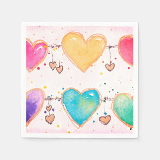 Multi Heart Watercolor Valentine Cocktail Napkin Serviette