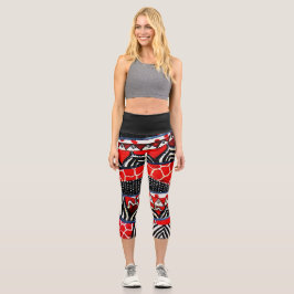 Multi-Muster Rot und Schwarz Hochgebrägtes Capri Leggings