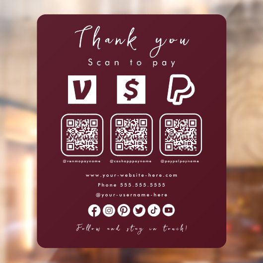 Multi QR Code Paypal Venmo Cash App Burgundy Fensteraufkleber (Blatt 2)