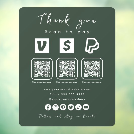 Multi QR Code Paypal Venmo Cash App Forest Green Fensteraufkleber (Blatt 3)