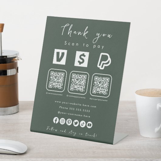 Multi QR Code Paypal Venmo Cash App Forest Green Sockelschild (In SItu)