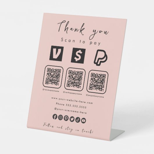 Multi QR Code Paypal Venmo Cash App Modern Pink Sockelschild (Vorderseite)
