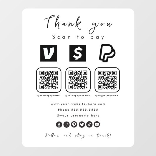 Multi QR Code Paypal Venmo Cash App Modern White Fensteraufkleber (Blatt)