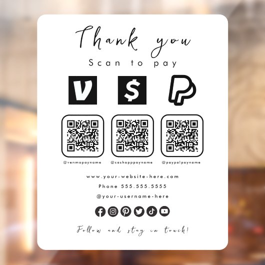 Multi QR Code Paypal Venmo Cash App Modern White Fensteraufkleber (Blatt 2)