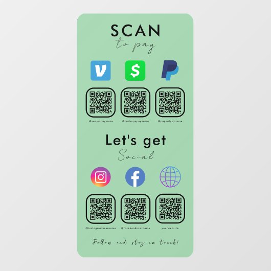 Multi QR Code Social Media Scan zu Minze Green Fensteraufkleber (Blatt)