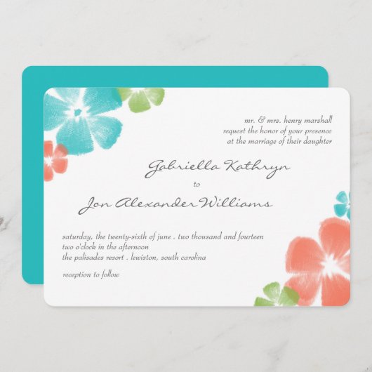 Multi Tropical Watercolor Wedding / Aqua Einladung (Vorne/Hinten)