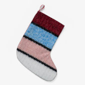 Multicfarbene Stripwolle: Stoffgewebe. Kleiner Weihnachtsstrumpf (Vorderansicht (hängend))