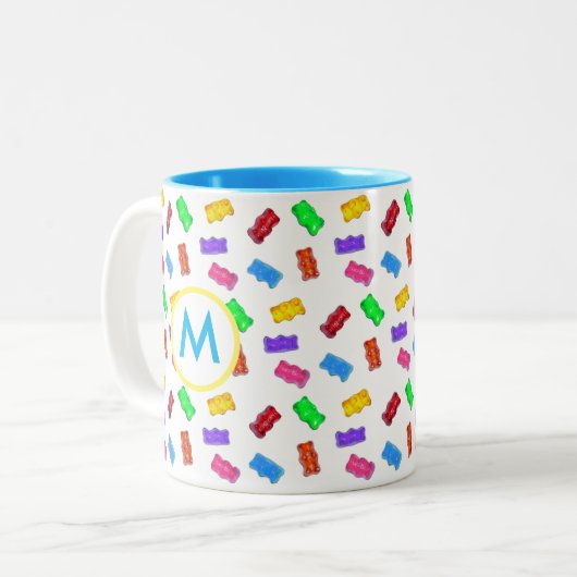 Multicfarbene Süßbären und Monogramm Zweifarbige Tasse (Vorderseite Links)