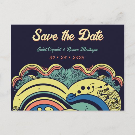 Multicolor 70's groovy psychedelic Save the Date Postkarte (Vorderseite)