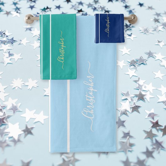 Multicolor Blue Aquamarin White Racing Stripes Mon Badhandtuch Set