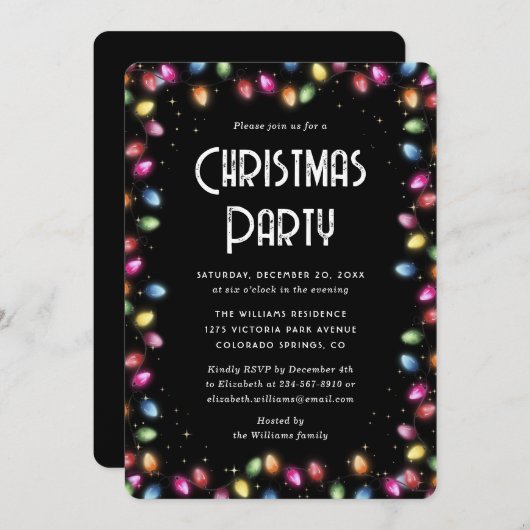 Multicolor Christmas Lights Black Holiday Party Einladung (Vorne/Hinten)