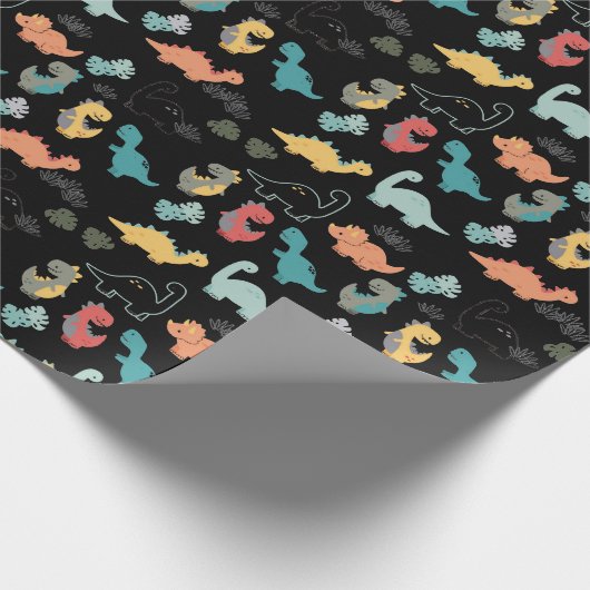 Multicolor Dinosaurier auf schwarzem Hintergrund Geschenkpapier (Ecke)