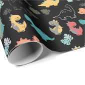 Multicolor Dinosaurier auf schwarzem Hintergrund Geschenkpapier (Rolleneckpunkt)