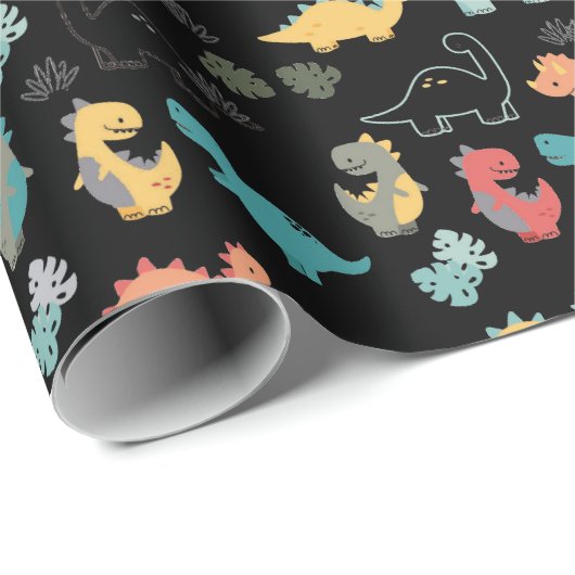 Multicolor Dinosaurier auf schwarzem Hintergrund Geschenkpapier (Rolleneckpunkt)