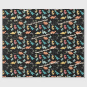 Multicolor Dinosaurier auf schwarzem Hintergrund Geschenkpapier (Flach)