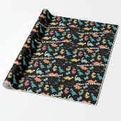Multicolor Dinosaurier auf schwarzem Hintergrund Geschenkpapier (Ungerollt)