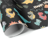 Multicolor Dinosaurier auf schwarzem Hintergrund Geschenkpapier (Rolleneckpunkt)