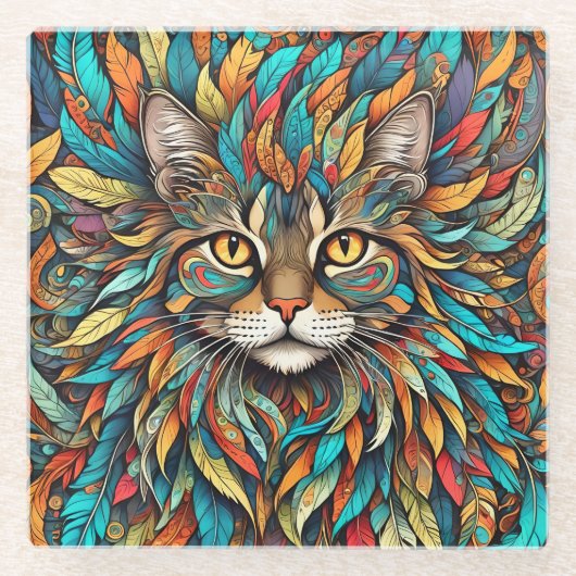 Multicolor Feathers Cat 737 Glasuntersetzer (Vorderseite)