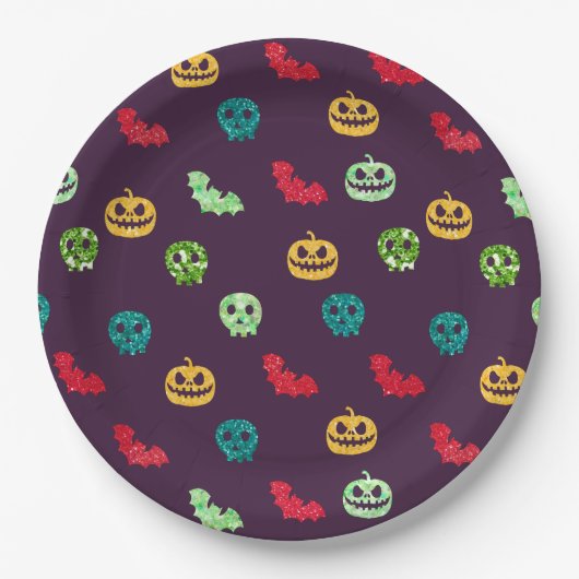 Multicolor-Glitzer Halloween-Muster Pappteller (Vorderseite)