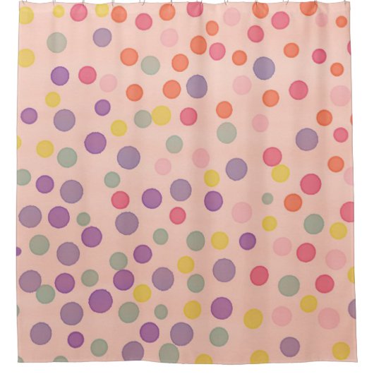 Multicolor Konfetti Punkte auf Lachs rosa Duschvorhang (Vorderseite)