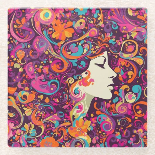 Multicolor-Retro-Hippie-Boho-Stil Glasuntersetzer (Vorderseite)