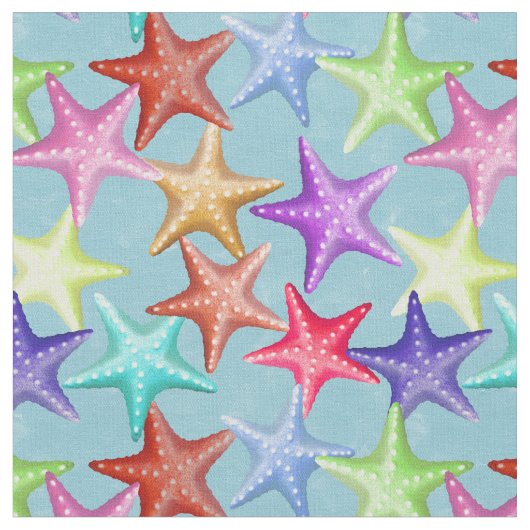 Multicolor Starfish Nautical Summer Beach auf Blue Stoff (Nahaufnahme)