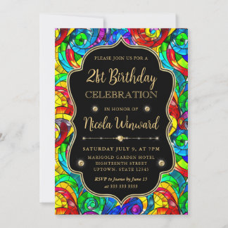 Multicolor- und Gold-Hartglas 21. Geburtstag Einladung