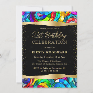 Multicolor- und Gold-Hartglas 21. Geburtstag Einladung