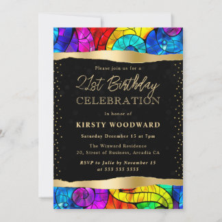 Multicolor- und Gold-Hartglas 21. Geburtstag Einladung