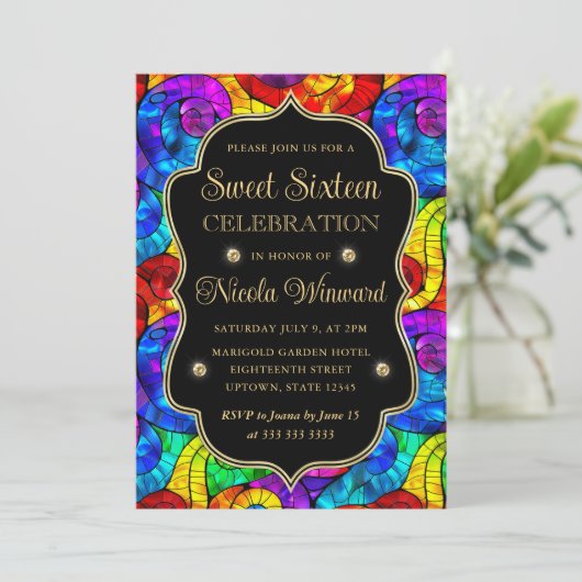 Multicolor- und Gold-Hartglas-Süßstoff 16 Einladung (Stehend Vorderseite)