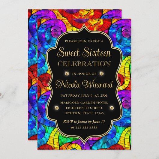 Multicolor- und Gold-Hartglas-Süßstoff 16 Einladung (Vorne/Hinten)
