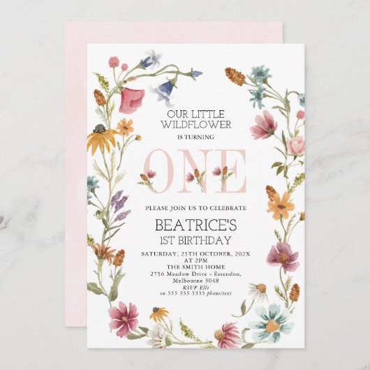 Multicolor Wildblume Wreath Girls erster Geburtsta Einladung (Vorne/Hinten)