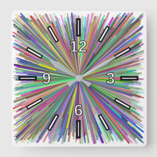 Multicolored Line Burst Pattern Square Clock Quadratische Wanduhr