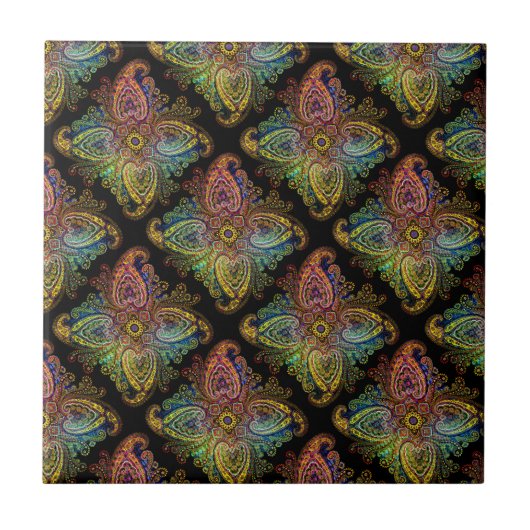 Multicolored Paisley Design on Black Fliese (Vorderseite)