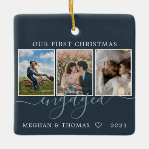 Multifotos first Christmas Engaged blue Keramikornament