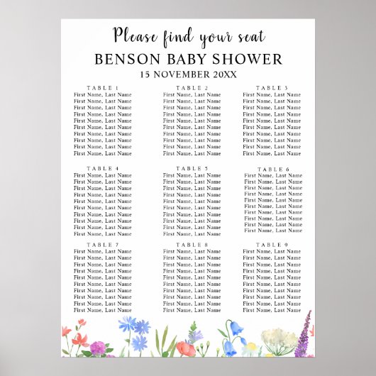 Multihued Wildflower Baby Shower Seating Charts Poster (Vorne)