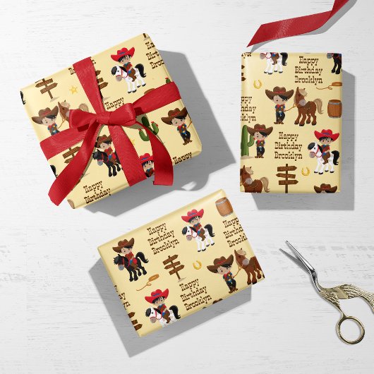 Multikulturelles Cowboy-Personalisiertes Wrapping  Geschenkpapier Set