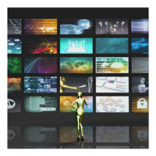 Multimedia-Technologie mit der Frau, die entlang Poster