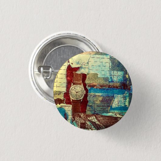 Multimedia Torn Art Collage with Wristwatch Pin Button (Vorne & Hinten)