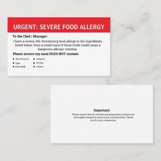 Multiple Food Allergy Alert Visitenkarte (Vorne/Hinten)
