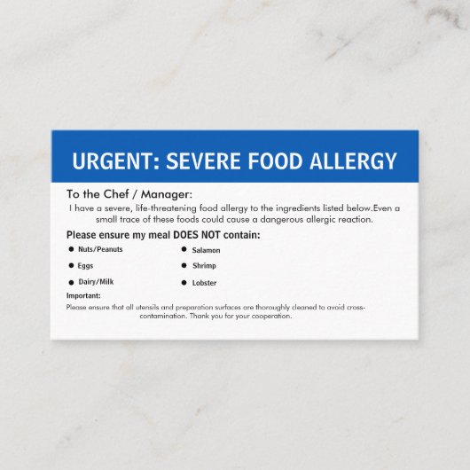 Multiple Food Allergy Alert Visitenkarte (Vorderseite)