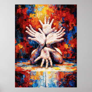 Multiple Hands Reaching Upward Expressive Abstract Poster