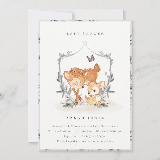 Mum Deer Fawn Floral Wappen Kinderdusche einladen Dankeskarte (Vorderseite)