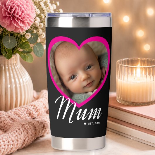 Mum hat Skript Pink Herz Foto Schwarz eingerichtet Thermobecher