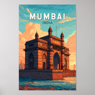 Mumbai India Illustration Travel Art Vintag Poster
