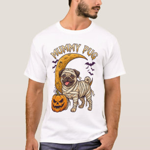 Mumien-Mops-Hund-Kürbis-Halbmond T-Shirt